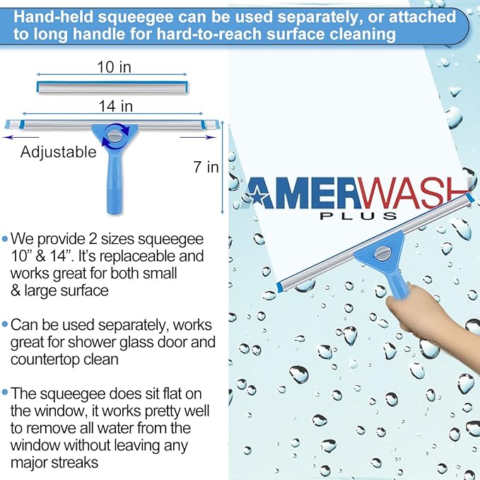 AMERWASH PLUS Window Squeegee Washing Kit for High Window, Shower Glass Door, Mirror Cleaning, with 69-inch Extension Pole, Extra 14'' Wide Squeegee and 2 Microfiber Scrubbers Included