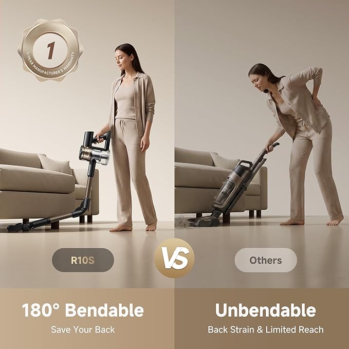 DREAME R10S Cordless Stick Vacuum with 180° Bendable Rod, Reaches Deep Under Beds & Furniture, 25000Pa Powerful Suction, Up to 45-Minute Runtime, LED Headlight, for Hard Floors & Carpet