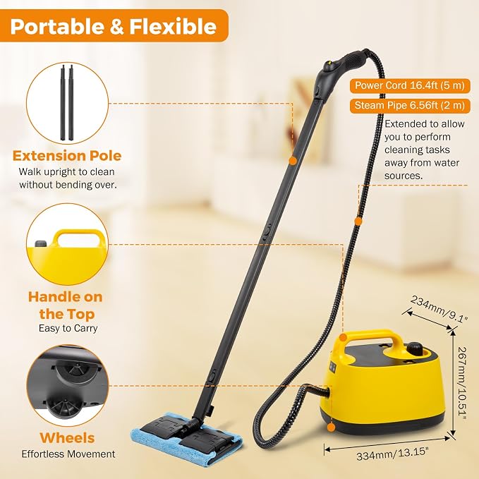 BEAMNOVA Steam Cleaner Electric Household Steamer High Pressure Multipurpose Rolling Cleaning Machine for Carpet Upholstery Floor Car Detailing Home Inside 1.5L 50.72oz Water Container with Roller
