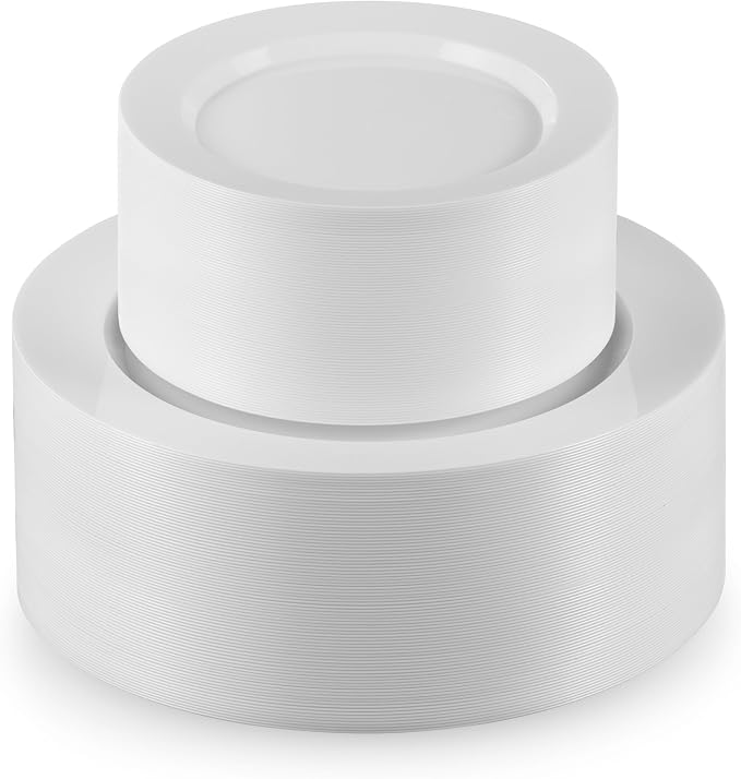 Munfix 100 White Plastic Plates Set, 50 Pcs 10 Inch Plastic Dinner Plates and 50 Pcs 7 Inch Plastic Dessert Plates, Elegant Fancy Heavy Duty Disposable Plates for Party, Wedding, White