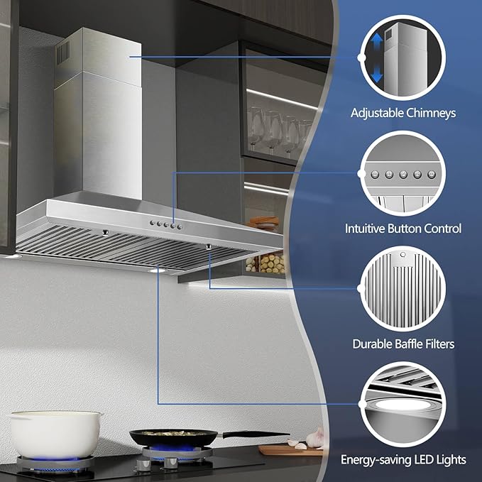 SNDOAS Range Hood 30 inch,Stainless Steel Wall Mount Range Hood 30 inch,Chimney-Style Stove Vent with Ducted/Ductless Convertible,Kitchen Hood with LED Light,Button Control,3-Speed Vent Hood