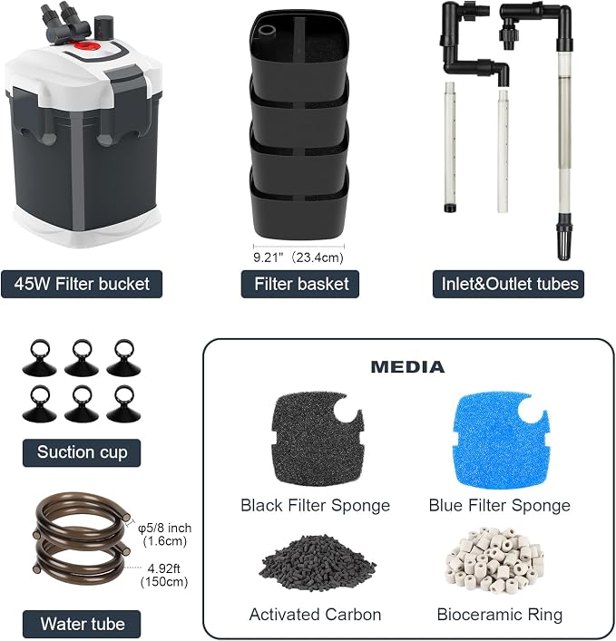 fishkeeper 660GPH Canister Filter, 3-Stage Filtration Aquarium Filter with Quartz Balls and Filter Cotton, Ultra-Quiet External Aquarium Canister Filter for Freshwater and Saltwater up to 230Gal (45W)