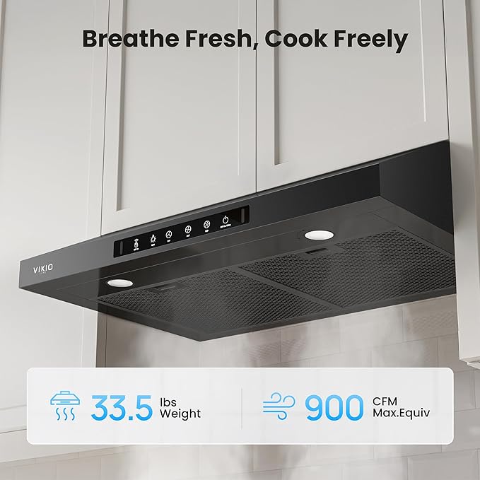 VIKIO HOME 36 Inch Under Cabinet Range Hood 900 CFM, Dual Motor Powerful Kitchen Vent Hood, Gesture & Touch Control, Ultra Quiet DC Motor, Dishwasher-Safe Filters, LED Lights, Black