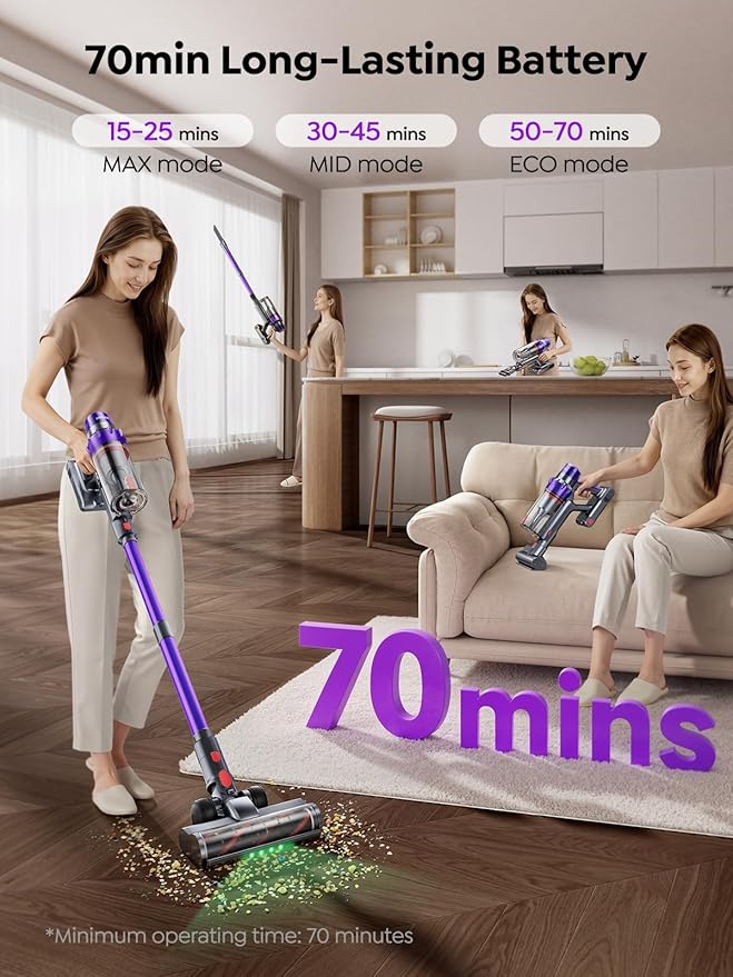 SMOTURE Cordless Vacuum Cleaner, 650W 55KPA 70Mins Vacuum Cleaners for Home, Cordless Stick Vacuum with LED Touch Screen, Anti-Tangle Wireless Vacuum, Handheld Vacuum for Pet Hair/Carpet/Floor