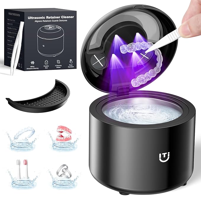 Retainer Cleaner 48kHz, Ultrasonic Retainer Cleaner Machine with 4 Modes for Dentures, Aligners, Mouthguards, Retainers, Jewelry Cleaner and Dental Cleaning Pod, 25W Ultrasonic Jewelry Cleaner