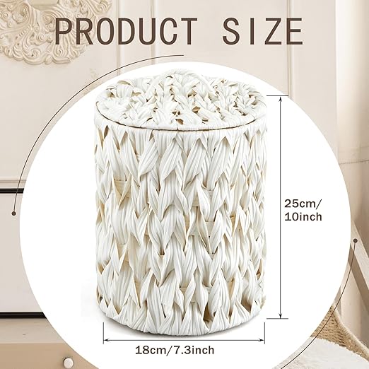 Ctosree 1.3 Gallons Small Trash Can with Lid Handle Boho Woven Braided Bathroom Waste Basket Trash Can with 100 Garbage Bags for Bedroom Office Laundry(Braided Polypropylene, Cream White)