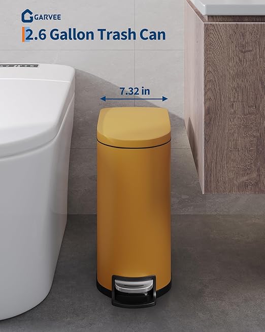 Garvee 2.6 gal / 10 L Metal Bathroom Trash Can with Lid, Slim Waterproof Garbage Can for Bedroom, Small Step-on Trash Bin with Inner Bucket, Rear Handle, Soft Close Lid, Yellow