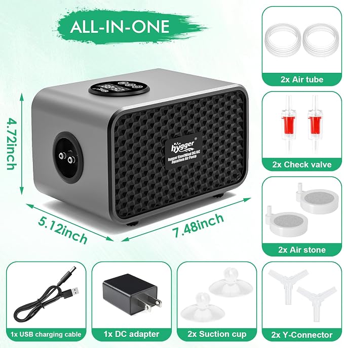 hygger Aquarium Air Pump, USB Rechargeable Battery Powered Fish Tank Air Pump 6W/10W with LCD Display Dual Outlets, Adjustable Aerator for Fish Oxygen Pump for 5-200 Gallon Tank