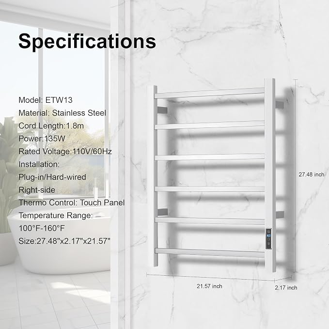 Electric Heated Towel Warmer - Wall Mounted Bathroom Towel Rack, Plug-in Design & Stainless Steel Brushed with Timer & Temperature Control 6 Bar