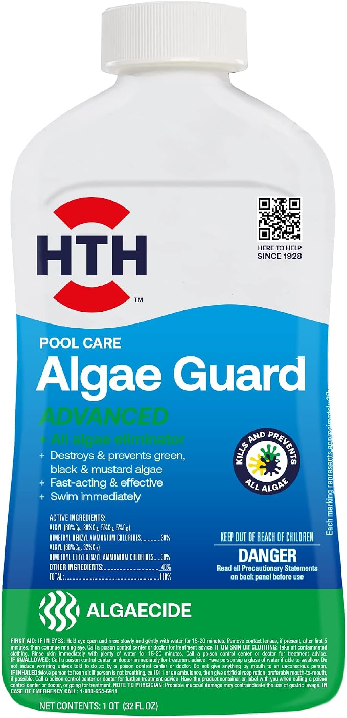 HTH 67084 Pool Care Algae Guard Advanced, All Algae Eliminator for Swimming Pools - Fast-Acting, Destroys & Prevents Green, Black & Mustard Algae, Keeps Pool Water Crystal Clear, 32 fl oz