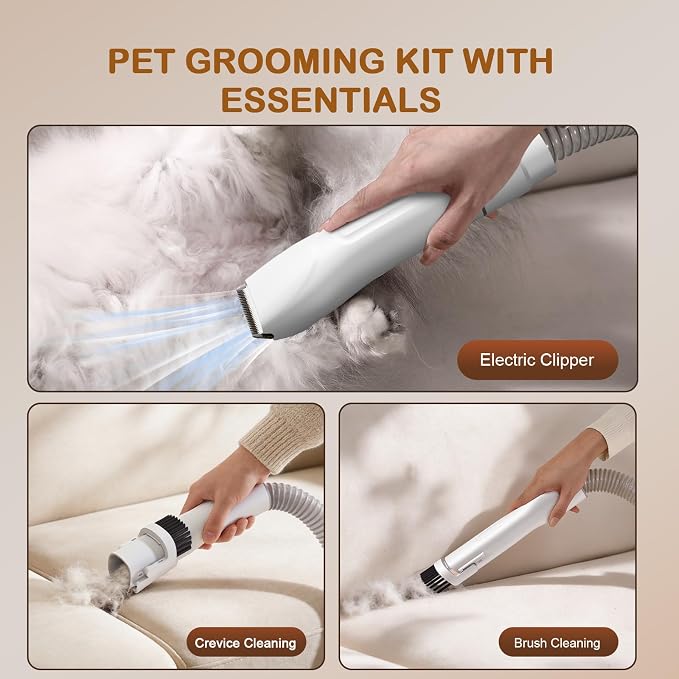Dog Grooming Vacuum, Dog Grooming Kit, 3 Suction Modes Dog Brush Vacuum with 5 Pet Grooming Tools (Ivory)