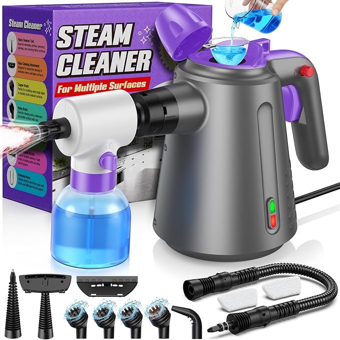 Handheld Steam Cleaner for Home, Pressurized Multi Purpose Steamer for Cleaning Upholstery Bed Furniture Couch Carpet Car with 14 Accessories & Safety Lock, Small Container for Grease