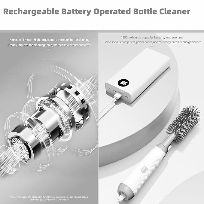 Electric Bottle Brush Set with Electric Bottle Brush Cleaner, 3 Replaceable Baby Bottle Brushes and Extension Handle. Silicone Bottle Brush, Waterproof, Perfect Baby Essentials(Grey)