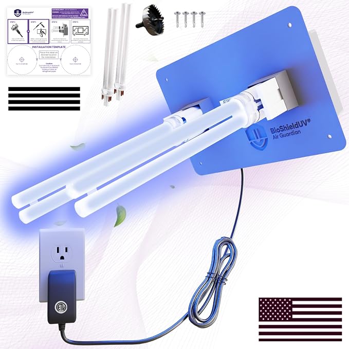 Mammoth BioShieldUV® Air Guardian 18W HVAC UV Light Air Purifier,4 Bulbs,Wall Outlet Powered, CE, FCC & UL Certified UV-C Light for AC for the Whole House, Furnace & UV light for AC system (110V Lamp)