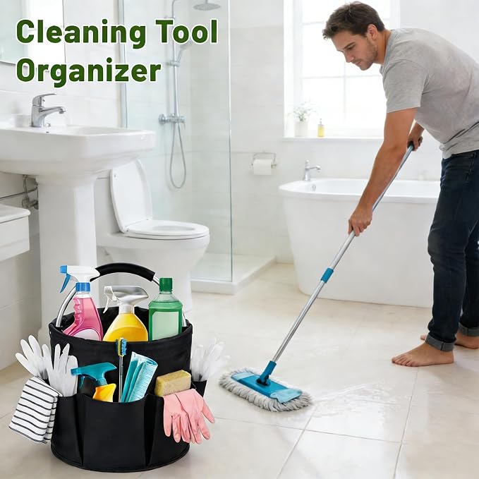 17L Foldable Cleaning Caddy with Handle - Portable Oxford Fabric Storage Bucket, Organiser for Cleaning Supplies, Toiletries, Home, Garden, Picnic & Beach (Black)