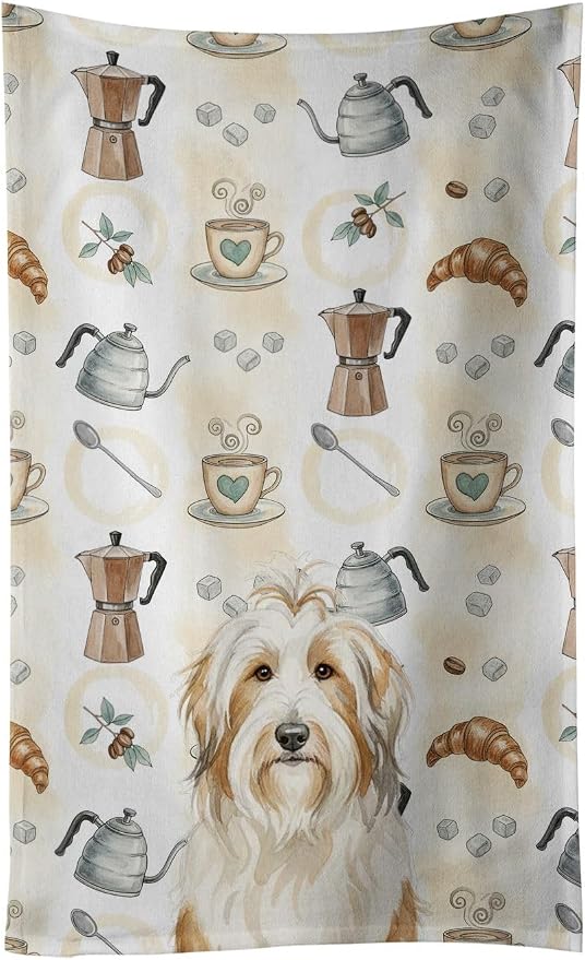 Caroline's Treasures White and Tan Bearded Collie Coffee Bar Kitchen Towel Velour Plush Front and Cotton Loop Back Machine Washable