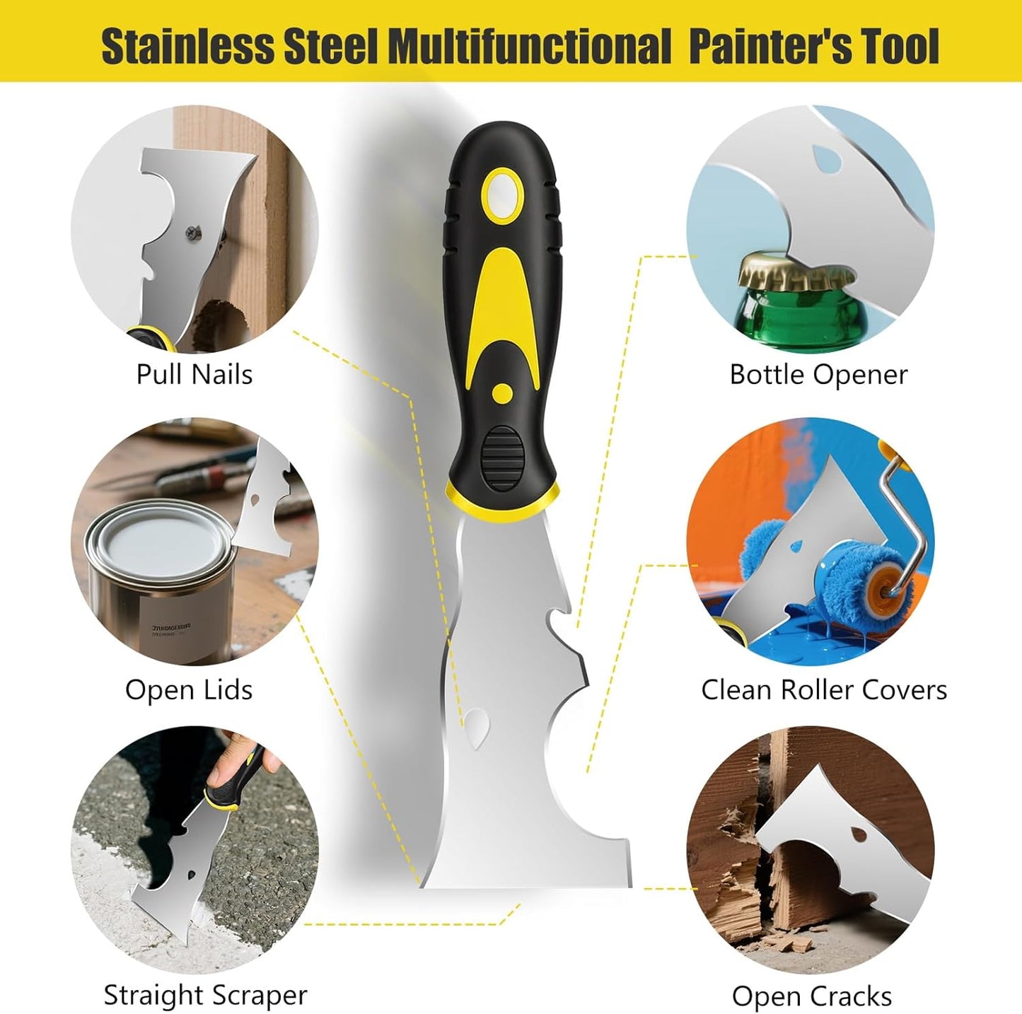 Spackle Knife Set, 5 PCS Stainless Steel Putty Knife Set Include 4 Paint Scrapers and 1 Multi Scraper Tool, Paint Scraper Tool for Drywall Decals (1.5" 3" 4" 6" 10")