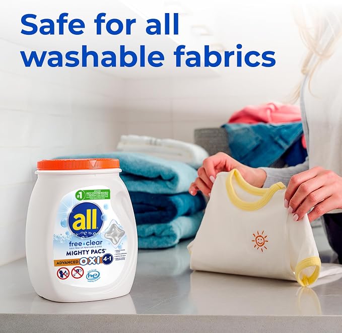 all Laundry Detergent Pacs, Mighty Pacs with OXI Stain Removers and Whiteners, Free Clear, Unscented and Dye Free, 56 Count (Pack of 4)