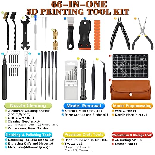 66Pcs 3D Printer Tools Kit with Storage Case, All-in-One Accessories for FDM/SLA Printers - Deburring Tool, Scrapers, Metal Files, Brushes, Hand Drill, Tweezers & More, for Bambu Lab, Ender 3, Kobra