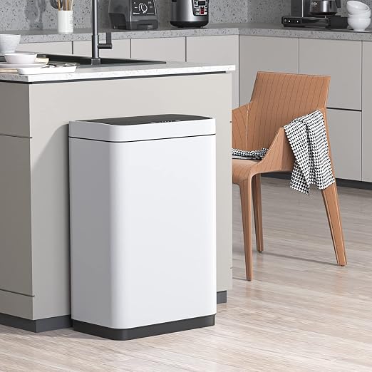 Mbillion Automatic Trash Can Touchless 15 Gallon Motion Sensor Trash Can Stainless Steel Smart Trash Cans with Lid Rectangular Touchless Garbage Can for Kitchen Bedroom Home Office White