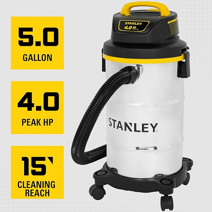 STANLEY Wet Dry Vacuum 5 Gallon with 4 HP Powerful Motor Suction,Stainless Steel Shop Vacuum Portable Wet Dry Vac for Jobsite, Workshop, Garage, Basement SL18130