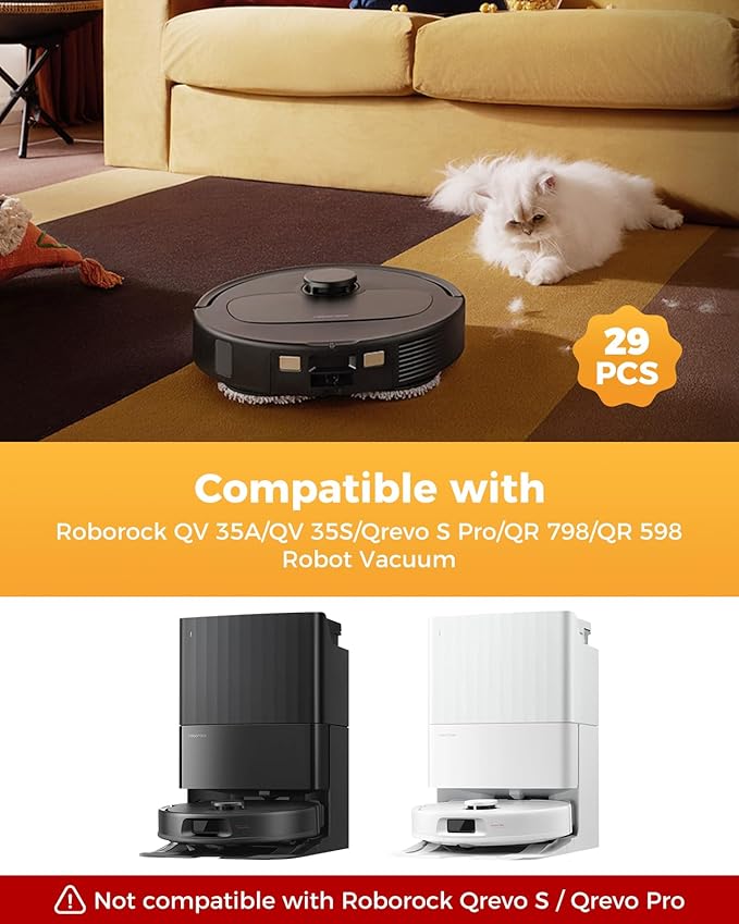 Yivy 29PCS QV35A Accessories for Roborock QV 35A/Qrevo S Pro/QV 35S/QR 598/QR 798 Robot Vacuum,QV 35A Replacement :2 Main Brushes 6 Dust Bags 4 HEPA Filters 6 Side Brushes 8 Mop Pads