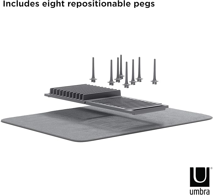 Umbra Udry Dish Rack with Movable Pegs and Microfiber Drying Mat – Space-Saving Design Folds Up for Easy Storage, Basic Rack, Dark Grey