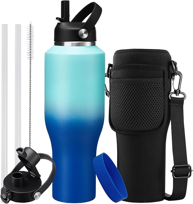 40oz Metal Water-Bottle with Straw - Fits Cup Holder, Insulated Water Bottles with Carrier Strap Bag & Boot, 40 oz Cup for Women & Men