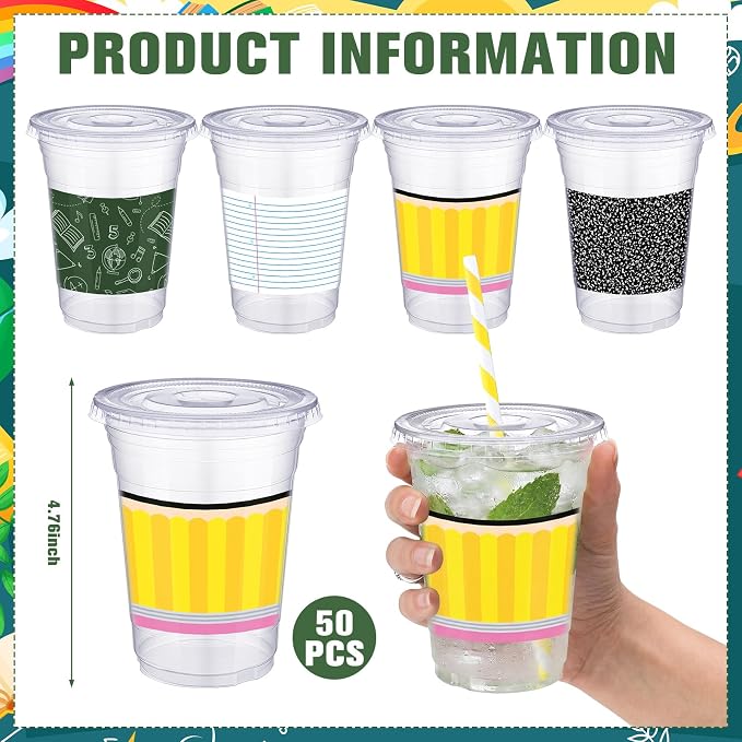 Vesici 50 Pcs Back to School Disposable Cups Bulk 16 oz Composition Notebook Pencil Plastic Drinking Cups with Lids and Straws for First Day of School Classroom Party Supplies