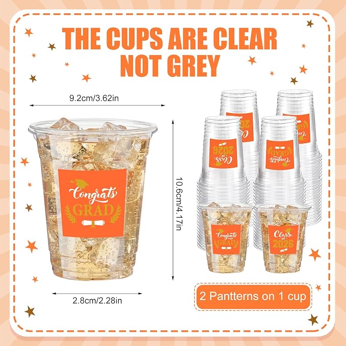 Amyhill 60 Pack 12oz Graduation Cups 2026 Graduation Decorations Disposable Plastic Cups Sturdy&Durable Drinkware for Class of 2026 Decorations Congrats Grad Party Favors Supplies (Orange)
