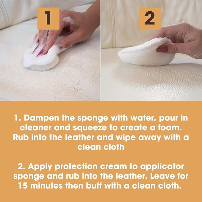 Furniture Clinic Large Leather Care Kit + 2 Pack Applicator Sponges | Leather Cleaner + Conditioning Protection Cream for Furniture | Two 17oz Bottles + 3 Sponges & 1 Cloth