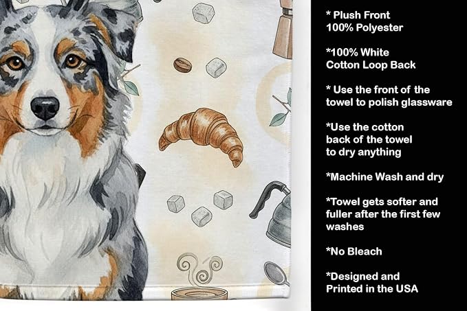 Caroline's Treasures Blue Merle Australian Shepherd Coffee Bar Kitchen Towel Velour Plush Front and Cotton Loop Back Machine Washable