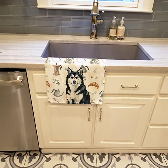 Caroline's Treasures Black and White Alaskan Malamute Coffee Bar Kitchen Towel Velour Plush Front and Cotton Loop Back Machine Washable