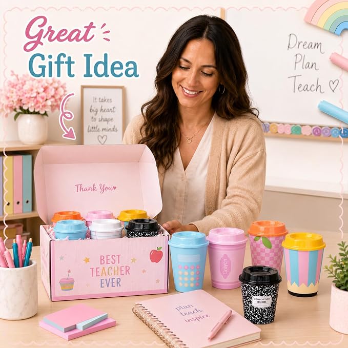 Skylety 24 Pcs Back to School Cups Bulk 12oz Classic and Pastel Style Reusable Plastic Coffee Cups with Lids First Day of School Gifts for Teachers Students Party Favors Supplies (Pastel)