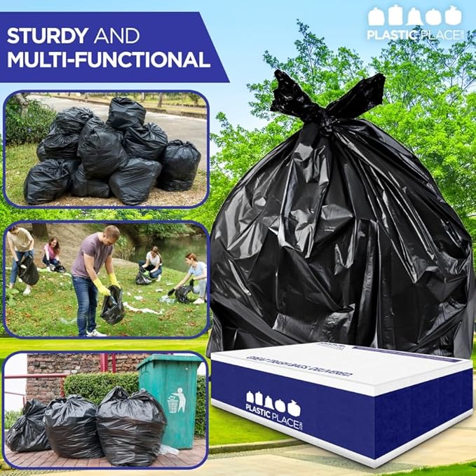 Plasticplace Heavy Duty Trash Bags, 40-45 Gallon, Black, Industrial Strength, Tear-Resistant, Leak-Proof, Large Garbage Bags for Yard, Construction, Lawn, 100 Count 1.5 Mil, 40"x46"
