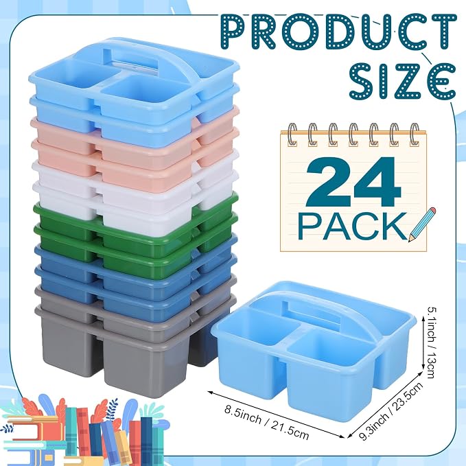 Geelin 24 Pack Classroom Caddy Bulk, Plastic Storage Caddy with Handle and 3 Compartments, Stackable Art Supply Caddies Organizer(Morandi)