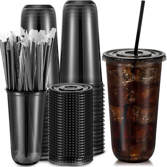 Ziliny 50 Set Black Plastic Cups with Lids and Straws, Disposable Iced Coffee PET Cups for Drinking Cold Beverage Juice Parfait Smoothie Milkshake Coffee Shops Party Supplies (20 oz)