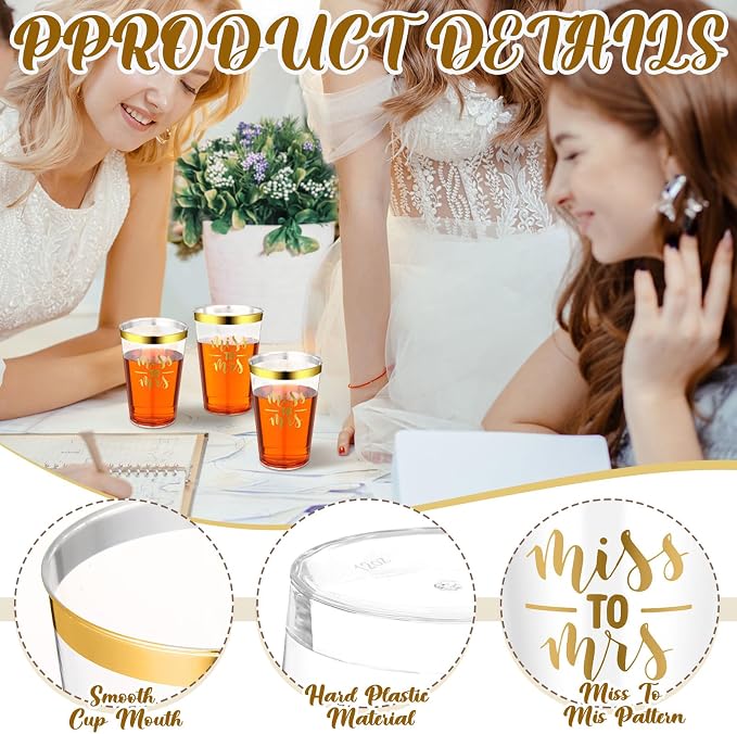 Funnymoom 36 Pcs Wedding Miss to Mrs Cups 12 oz Gold Plastic Cups Disposable Bridal Shower Drinking Tumblers Clear Wine Glasses Tumblers for Engagement Bachelorette Supplies Party Favors(Gold)