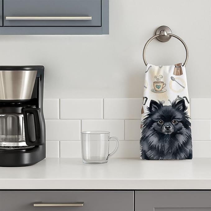 Caroline's Treasures Black Pomeranian Coffee Bar Kitchen Towel Velour Plush Front and Cotton Loop Back Machine Washable