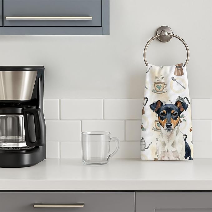 Caroline's Treasures Tricolor Rat Terrier Coffee Bar Kitchen Towel Velour Plush Front and Cotton Loop Back Machine Washable