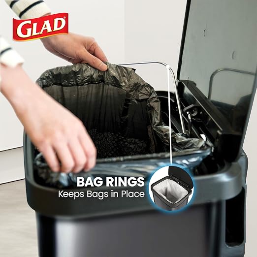 Glad 13 Gallon Stainless Steel Trash Can with Clorox Odor Protection | Large Metal Kitchen Garbage Bin with Soft Close Lid, Garbage Bag Rings, Step On Foot Pedal and Waste Bag Roll Holder, Pewter