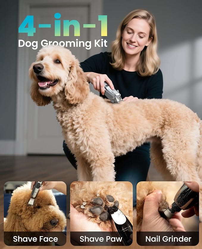 oneisall Dog Clippers for Grooming Thick/Heavy Coats, 4-in-1 Dog Grooming Kit Low Noise with Detachable Stainless Steel Blade, Cordless Paw Trimmer Pet Nail Grinder for Small & Large Dogs Cats Animals