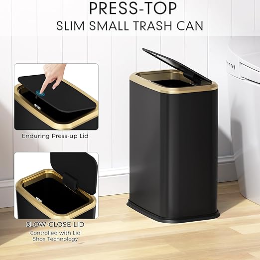 Bathroom Trash Can with Lid 8L/2.1 Gallon Black Trash Can Small Garbage Can with Press Top Lid Slim Stainless Steel Garbage Can with 100 Counts Trash Bags for Bathroom Bedroom Kitchen Office Toilet