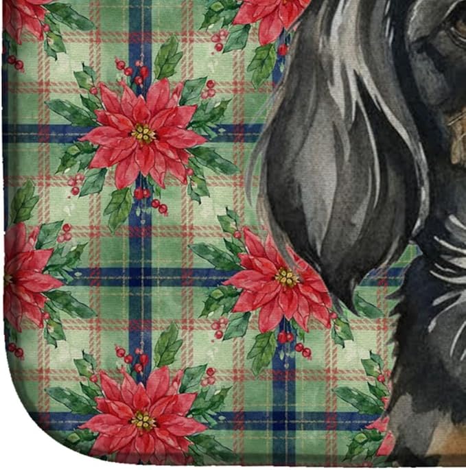 Caroline's Treasures Black and Tan Tibetan Spaniel Christmas PoinsettIas Dish Drying Mat Absorbent Dish Drying Mat Pad for Kitchen Counter Dish Drainer Mat for Countertop, 14 x 21", Multicolor