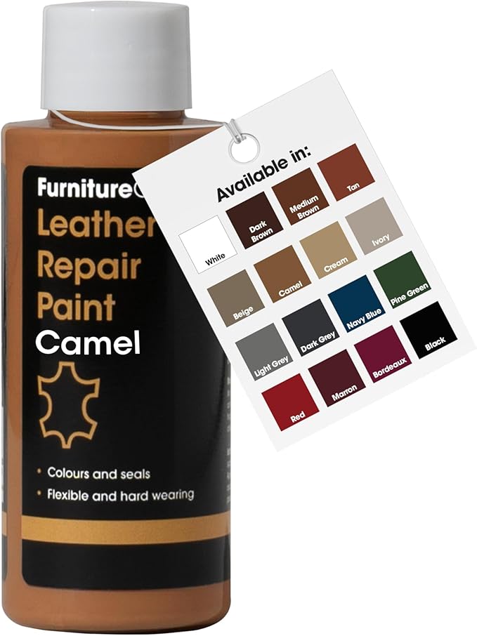 Furniture Clinic Leather Repair Paint | 2-in-1 Seal and Color | Use on Scratches, Tears, and Holes in Car Seats, Furniture | Quick and Easy Leather Repair Kit for Furniture (Camel, 50ml / 1.7oz)