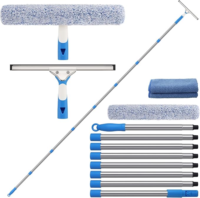 Mitclear 10 Feet Professional Squeegee Window Cleaner Tool with Extension Pole, Car Windshield Cleaning Kit with Long Handle, Window Washing Equipment for Indoor Outdoor Windows & Car Glass