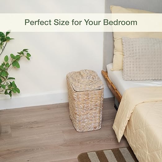 84ECO Wicker Trash Can with Lid and Liner - Rattan Trash Can for Bathroom - Decorative Wicker Waste Basket for Bedroom, Kitchen and Office (White)