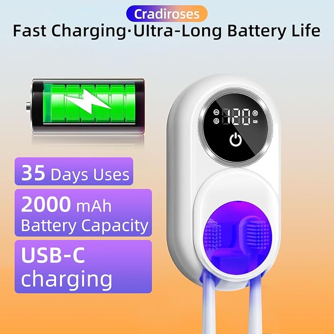 UV Toothbrush Sanitizer Holder, Auto-Sensor Wall-Mount Tooth Brush Cleaner with Heated Drying, 2 Slots LED Smart Screen for Bathroom (White)