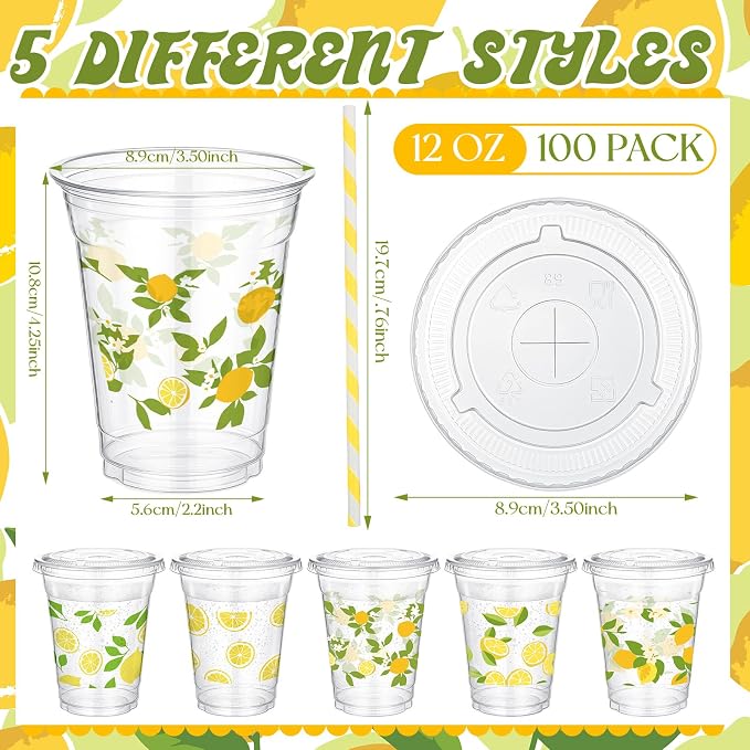 FoldTier 100 Pcs Lemon Plastic Cups with Lids and Straws 12oz, Disposable Lemon Drink Stand Cups for Birthday Wedding Bridal Baby Shower Supplies Summer Citrus Fruit Party Decorations