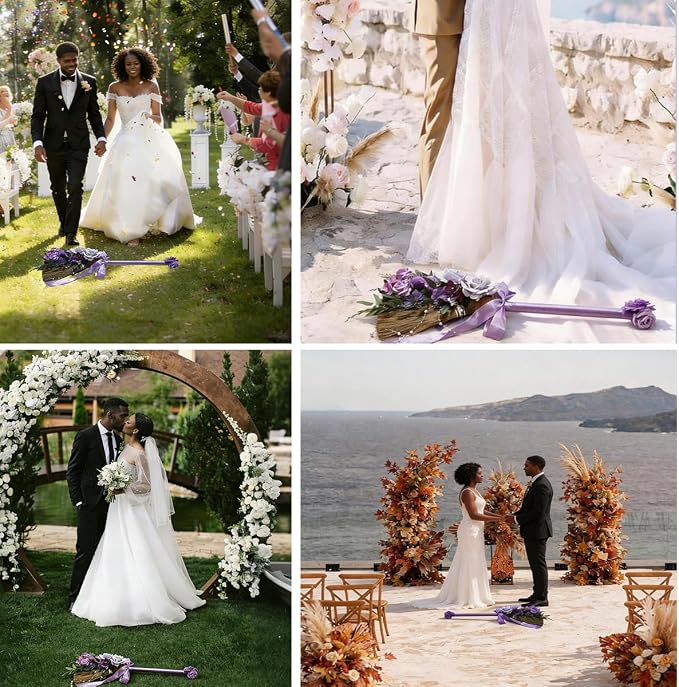 Wedding Broom DIY Purple Jumping Broom for Wedding Ceremony 28 inch Tall Whisk with Artificial Roses/Green Leaves/Ribbons/Pearl